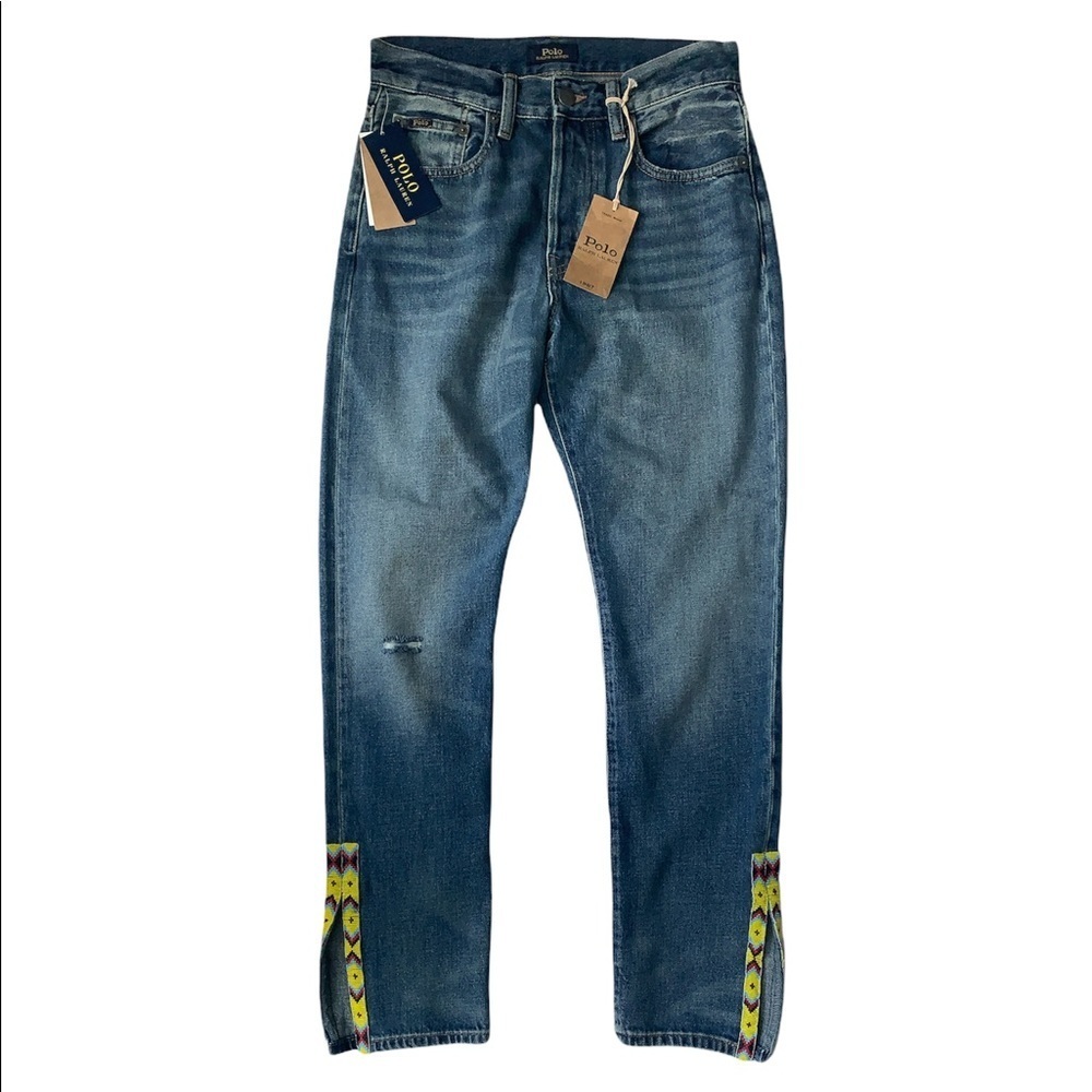 Polo Ralph Lauren Womens Jeans Straight Leg Distressed Beaded Trim Denim‎